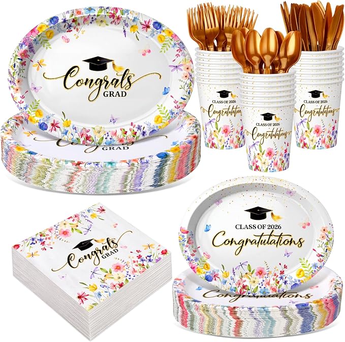 Pajean 350 Pcs 2026 Graduation Party Decorations Wildflower Graduation Oval Plates and Napkins Flowers Heavy Duty 12 inch Disposable Tableware Set for 50 Guests Class of 2026 Grad Party Supplies