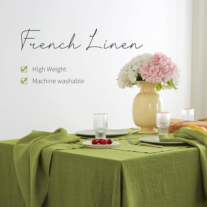 Linen World Vintage Tablecloths 60x120 Inch,100% French Linen Tablecloth,Classic Vintage Washed Table Cloths for Kitchen,Outdoor,Weddings,Decorative Thanksgiving Christmas,Moss Green