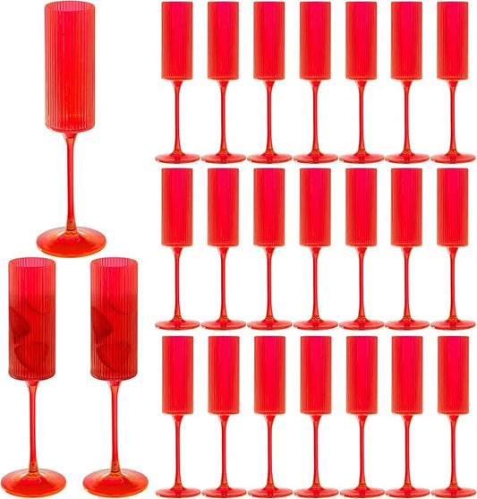 JLYLOL 24 Pcs Red Plastic Champagne Flutes 6OZ Large Ribbed Champagne Glasses Toasting Glass Plastic Goblets for Parties Vintage Mimosa Bar Glasses Elegant Stemmed Drinking Cups for Wedding Bride