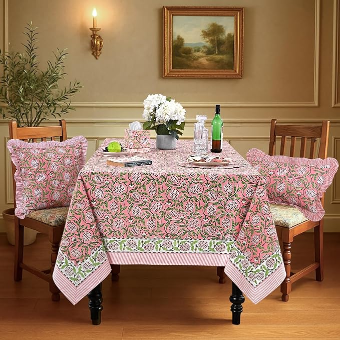 Ridhi Strawberry Pink Hand Block Print Cotton Rectangle Tablecloth 160" x 72" inches Reusable Table Cover Decorative Everyday Use for Dining Room, Farmhouse, Home Gift for Spring, Mother's Day