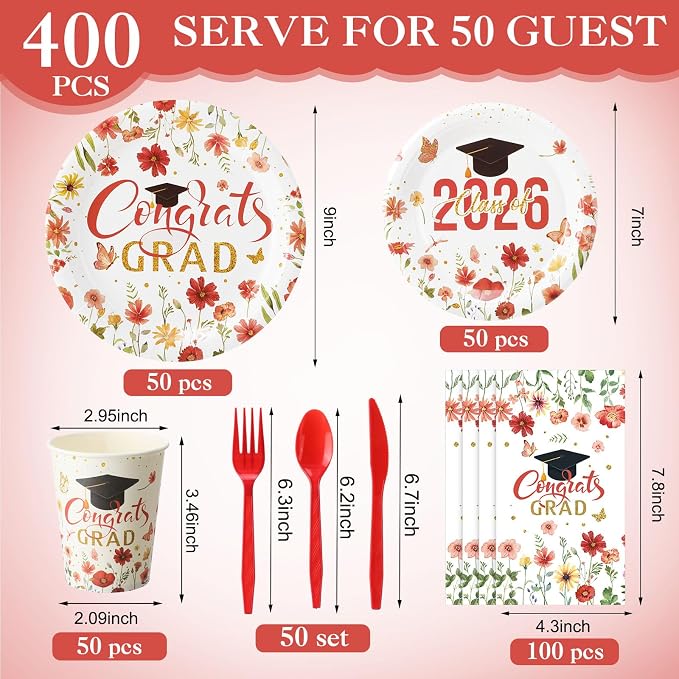 400 Pcs Class of 2026 Red Floral Graduation Decorations for 50, Red Gold White Flower Graduation Paper Plates Napkins and Cups Cutlery Grad Tableware for 2026 Congrats Grad Party Supply