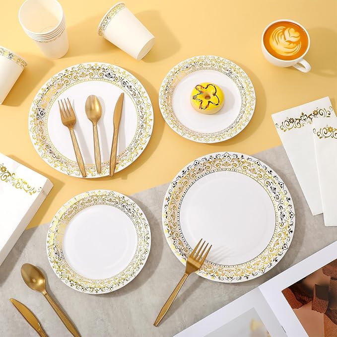 Didaey 700 Pcs Disposable Dinnerware Set for 100 Guests Include 200 Paper Plates, 300 Plastic Silverware, 100 Paper Cups, 100 Napkins for Wedding Birthday Party Supplies (White Gold Pattern)