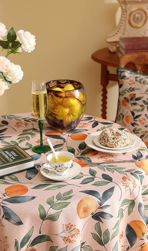 patdrea Designer French Linen Tablecloth,Round,Diameter 55"-Palladin A | Colorful Elegant Table Cloth for Round Table,Orange Floral Patterned,for Dining Room Tea Party Thanksgiving