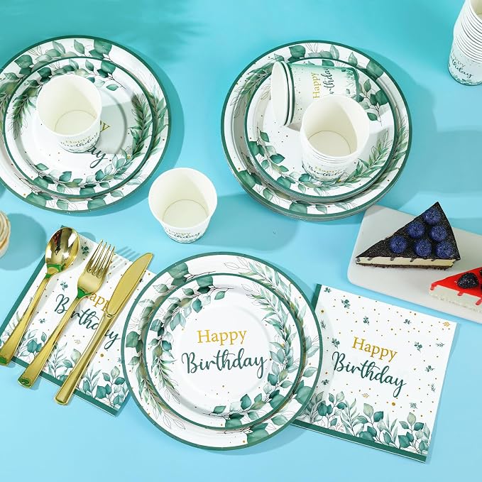 Sage Green Birthday Decorations for Women, Happy Birthday Plates and Napkins Set 168Pcs, for Boho Neutral Sage Green Decorations, Serve 24
