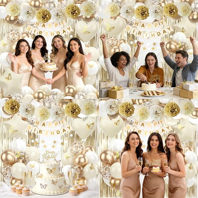 White Gold Birthday Decorations Beige Gold Balloons Happy Birthday Banner Cake Topper Fringe Curtain Paper Pom Poms Butterfly Sticker White Sand Star Heart Foil Neutral Boho Party Men Women