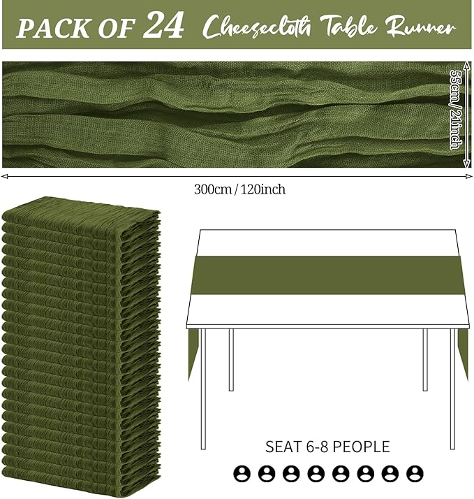24 Pack Cheesecloth Table Runner 20 x 120 inch Cheese Cloth Table Runner Bulk,Romantic Boho Sheer Gauze Fabric Table Runners for Wedding Reception,Party,Bridal Shower Table Decor(Olive Green)