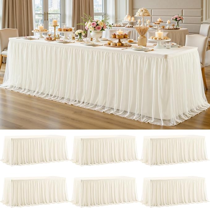 6 Pack Ivory Tablecloths for 8 Foot Rectangle Tables with Tulle Table Skirt Wedding Table Cover Stretchy Fitted Ruffle Tutu Tablecloth for Baby Shower Reception Birthday Parties Celebration Banquet