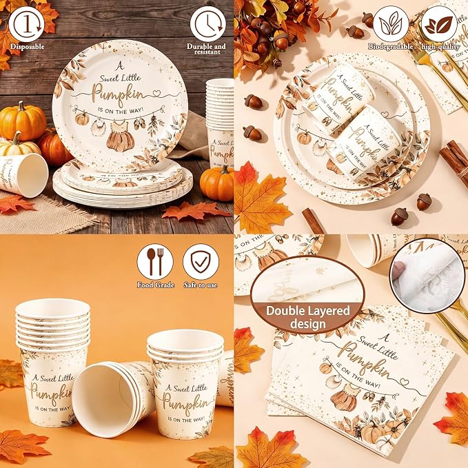 168 Pcs Fall Baby Shower Decorations Pumpkin Cloth Party Supplies A Sweet Little Pumpkin Is on the Way Tableware Set Disposable Paper Plates Cups Utensils for Baby Shower Party Serve 24