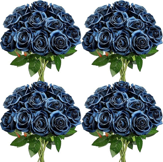 48 PCS Navy Blue Roses Artificial Flowers - Fake Silk Floral with Long Stems Bulk for Table Centerpieces DIY Bouquet Arrangements Wedding Party Bridal Shower Vase Decorations