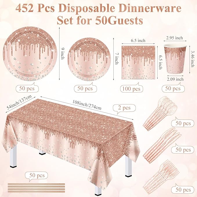 Funnymoom 452 Pcs Rose Gold Party Supplies Birthday Decorations Include Glitter Rose Gold Paper Plates and Napkins Cups Tablecloth Cutlery Straws Disposable Tableware Set for Women Birthday