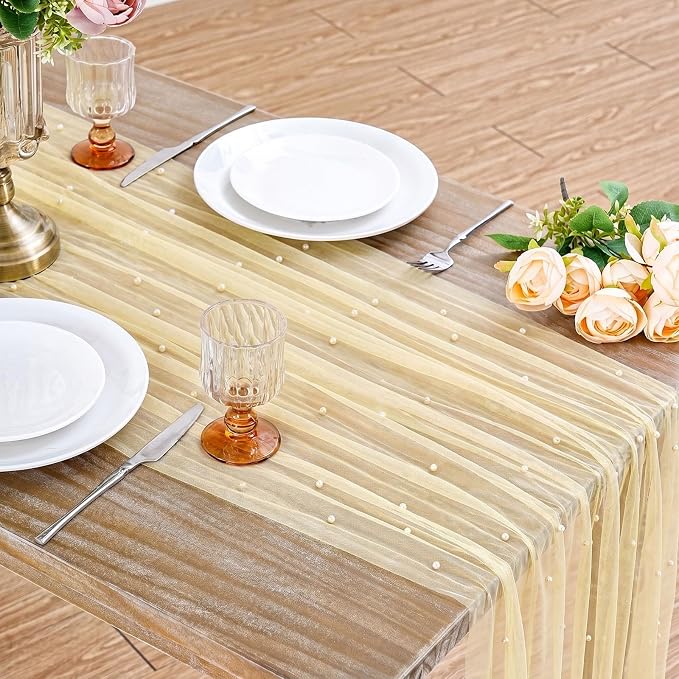 Pearl Gauze Table Runner Tulle Fabric: 10ft Seasonal Dessert Chiffon Pearl Lace Boho Overlay Wedding Veil Outdoor Wedding Aisle Runner Party Decorations Doilies, Light Yellow