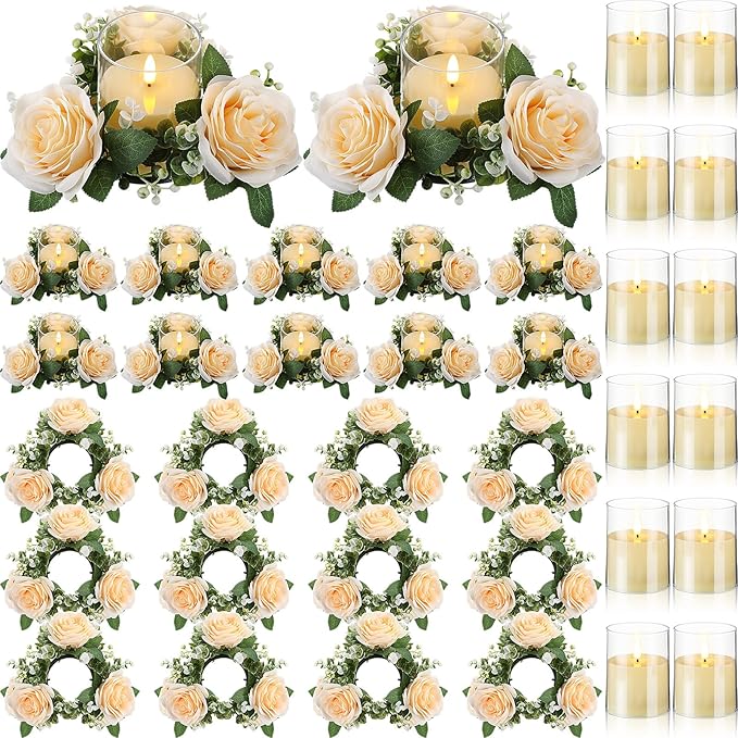 Yunlly 12 Pcs Rose Candle Rings with Flameless Candles Sets, Artificial Flower Eucalyptus Wedding Centerpiece 3 Inch Pillar Candleholders Wreaths for Wedding Party Mother's Day (Champagne)