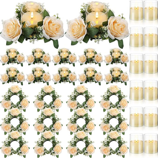 Yunlly 12 Pcs Rose Candle Rings with Flameless Candles Sets, Artificial Flower Eucalyptus Wedding Centerpiece 3 Inch Pillar Candleholders Wreaths for Wedding Party Mother's Day (Champagne)