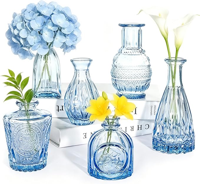 SUPMIND 6pcs Glass Bud Vase Set, Small Blue Flower Vases for Centerpieces in Bulk, Mini Vintage Vase for Wedding, Home Decor, Table Decoration