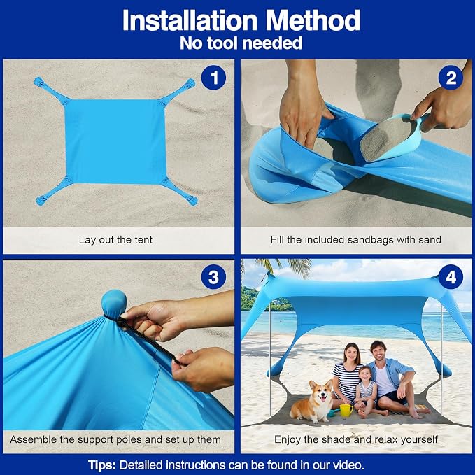 Rhino Valley Beach Tent, 7 x 6.5 Ft Beach Shade UPF50+ Protection, Beach Canopy with 4 Sandbags 2 Stability Poles, Outdoor Beach Tent Sun Shelter Umbrella for Sand,Camping,Fishing Essentials, Sky Blue