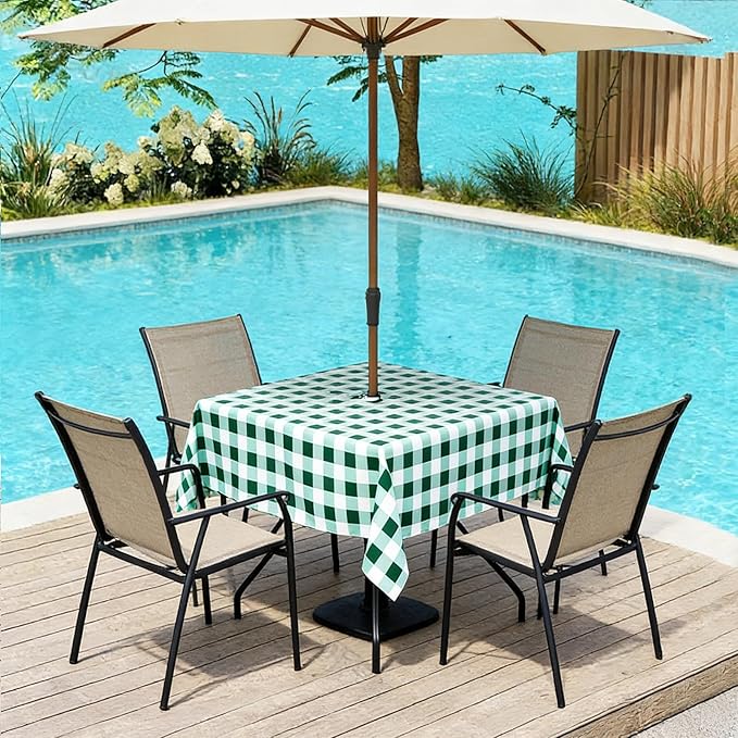 Poise3EHome Square Outdoor Tablecloth with Umbrella Hole and Zipper,Green Gingham 60x60 Inch,Polyester SpillProof Washable Table Cloth for Spring Summer Patio Garden Poolside Picnic Camping BBQS