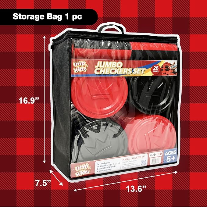 Grip Kids Jumbo Checkers Set with Storage Bag - 58 inch mat - Outdoor & Indoor Play Toys, Backyard Board Games, Family Party, Birthday for Toddlers Ages 5 6 7 8 Year Old - Amazon Exclusive