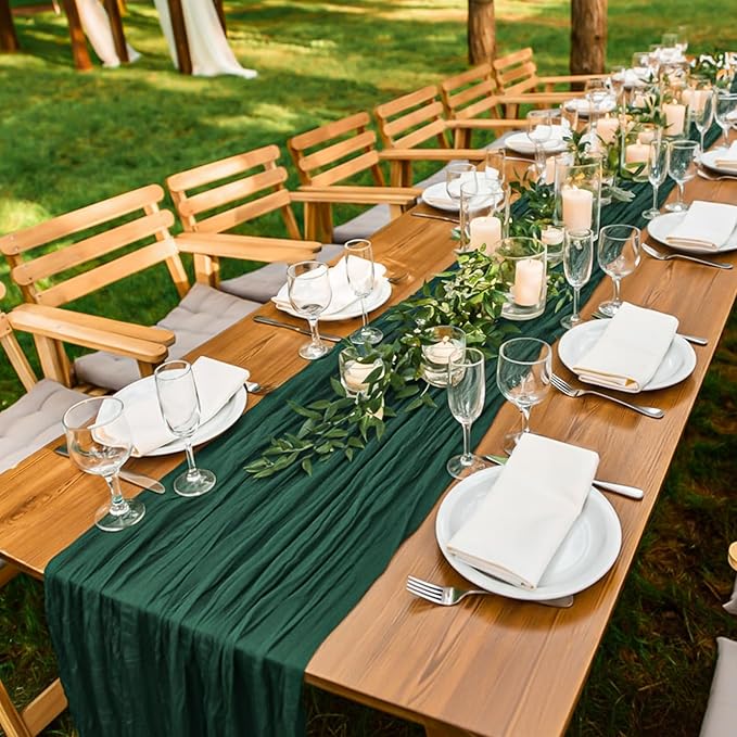 LemonRoad 4 Pcs 20ft Cheesecloth Table Runners Extra Long Boho Rustic Gauze Fabric Cheese Cloth Runner for Wedding Decorations Baby Shower Party Supplies Boho Table Bridal Shower Decor (Emerald Green)