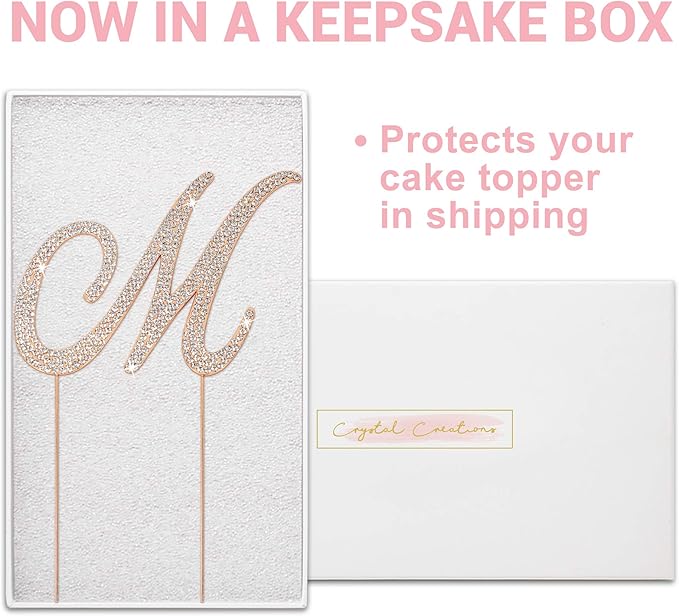 Letter M Cake Topper - Premium Rose Gold Metal - M Monogram Wedding or Anniversary Party Sparkly Rhinestone Initial Decoration Makes a Great Centerpiece - Now Protected in a Box