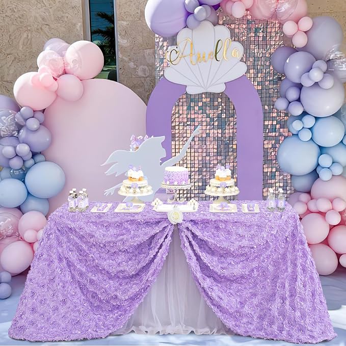 Fanqisi Lavender Tablecloth 50x80 Inches Rosette Satin Tablecloth 3D Rosette Rectangle Table Cover Wedding Banquet Party Baby Shower Decor Table Cloth