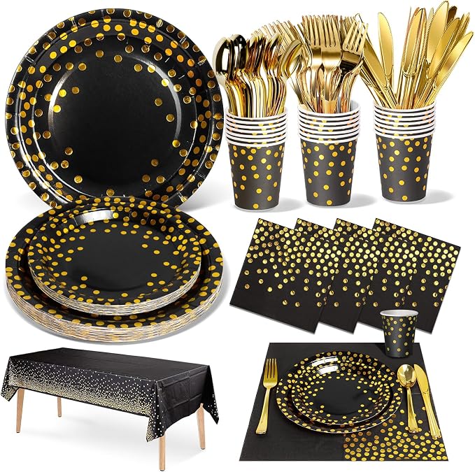 Nkaiso 141 Pieces Black Gold Party Supplies, Disposable Party Decorations Sets Include Paper Plates Napkins Cups, Plastic Forks Knives Spoons, for Baby Shower Birthday Wedding -20 Guests