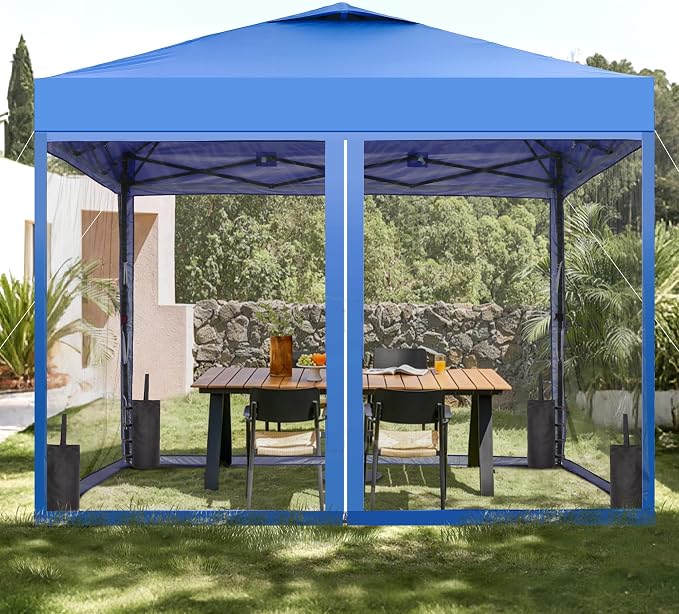 GDY 10x10 Pop up Canopy Tent with Mosquito Netting, Easy up Gazebo for Patio, Camping and Garden, Includes 4 Sandbags, Blue