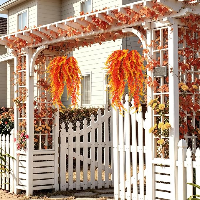 RECUTMS Artificial Greenery for Outdoors 31.5" Faux Hanging Baskets Plants | 3Pcs Fake Vine Plants,Gold Hanging Greenery Stems Autumn Decor of Living Room Bedroom Kitchen Front Porch Yard Garden Wall