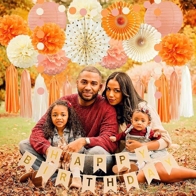 Orange Beige Fall Boho Birthday Party Decorations Autumn Sweet Peach Birthday Women Girls Groovy Paper Lanterns Tissue Pom Poms Paper Fans Tassel Gralands Fall Orange Birth day Party Decoration