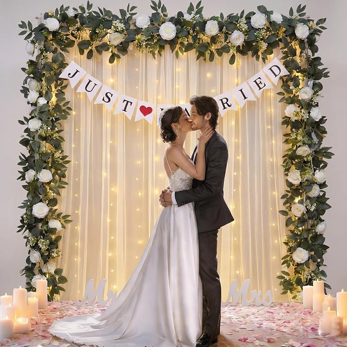 5 Pcs Just Married Decorations Kit, All-in-one Wedding Decor with White Tulle Backdrop with Lights, Mr and Mrs Sign, 2 Flower Garlands, Wedding Banner for Reception, Party (10 x 8ft)