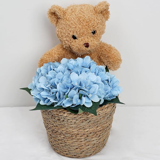 Flower Table Centerpieces - Set of 6 Floral Arrangement Artificial Wedding Hydrangeas Floral Arrangement with Rustic Metal Vase for Bridal Tea Party Event Decorations - Pastel Blue