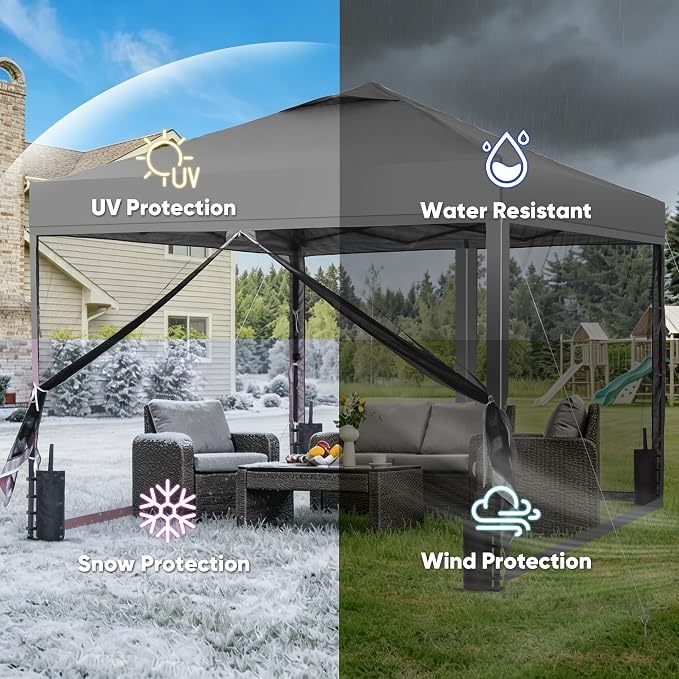 GDY 10x10 Pop-up Canopy Tent with 4-Mosquito Nettings, Outdoor Screen Gazebo with 4 Sandbags, 4 Ropes & 8 Stakes, 3-Level Height Adjustment for Patio, Camping, and Backyard, Grey