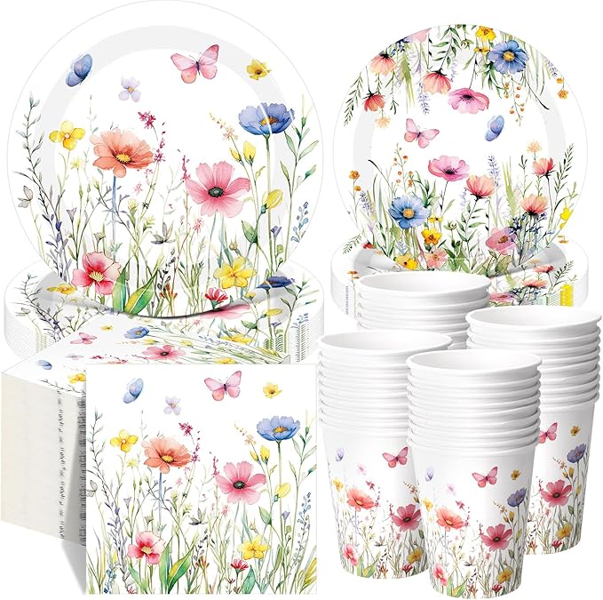 Ziliny 250 Pcs Wildflower Party Decorations Include Spring Summer Floral Paper Plates Napkins and Cups for Wildflower Baby Shower Tea Decorations, Serve 50 Guest(Colored,Vivid Style)