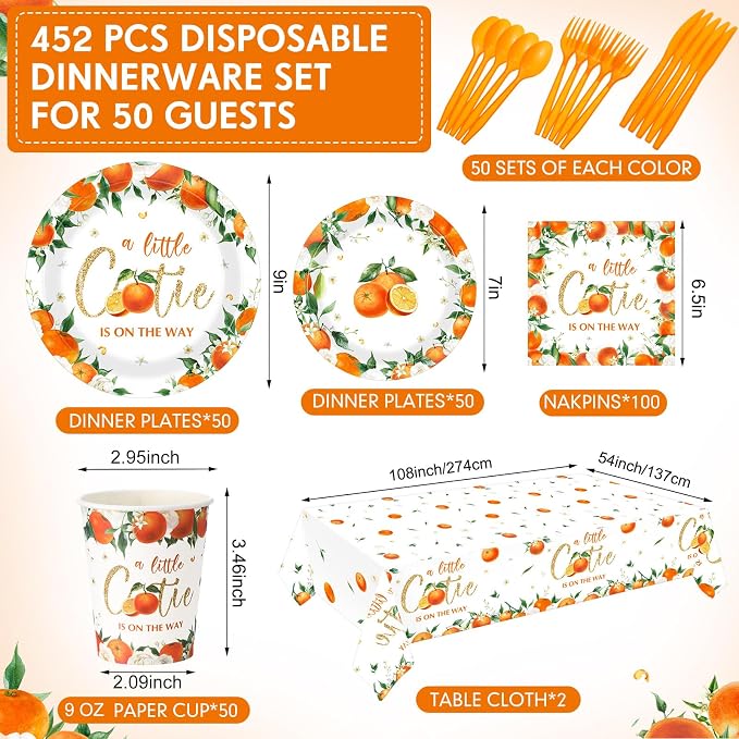 Funnymoom 452 Pcs Little Cutie Baby Shower Party Decorations a Little Cutie Is on the Way Paper Plates Napkins Cups Tablecloth Cutlery Straws for Orange Citrus Tangerine Fruit Birthday Party