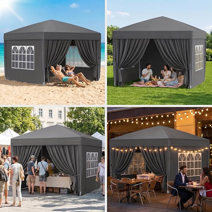 10x10 Pop Up Canopy with Sidewalls, Instant Tent with Carry Bag, Height Adjustable Waterproof Shade Canopy, for Event, Parties, Camping (Grey, 10x10 with Sidewalls)