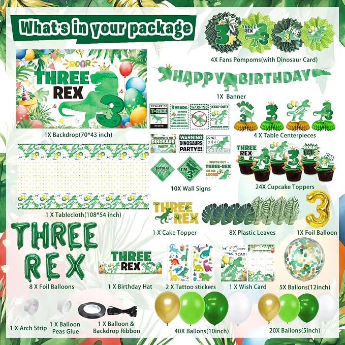 Dinosaur 3rd Birthday Decorations for Boys, 132Pcs Three Dino Rex Dinosaur Party Decor Supplies - Backdrop, Banner, Tablecloth, Centerpieces, Temporary Tattoos, Fans Pompoms, Wall Signs