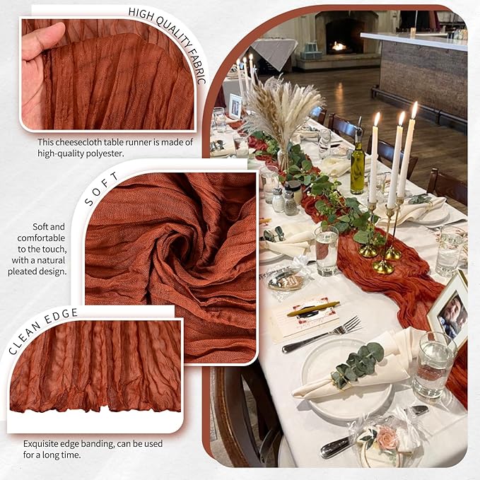 18 Pack Cheesecloth Table Runner 10FT Terracotta Fall Table Runner Boho Gauze Cheese Cloth Table Runners Long Rustic Sheer Table Decorations for Wedding Party Baby Bridal Shower Birthday Holiday Home