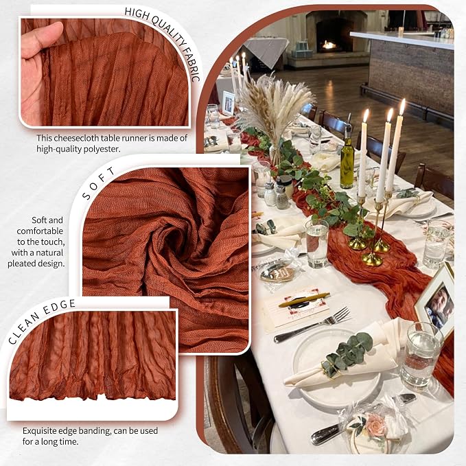 3 Pack Cheesecloth Table Runner 10FT Terracotta Table Runner Boho Gauze Cheese Cloth Table Runners Long Rustic Sheer Table Decorations for Wedding Party Baby Bridal Shower Birthday Holiday Home