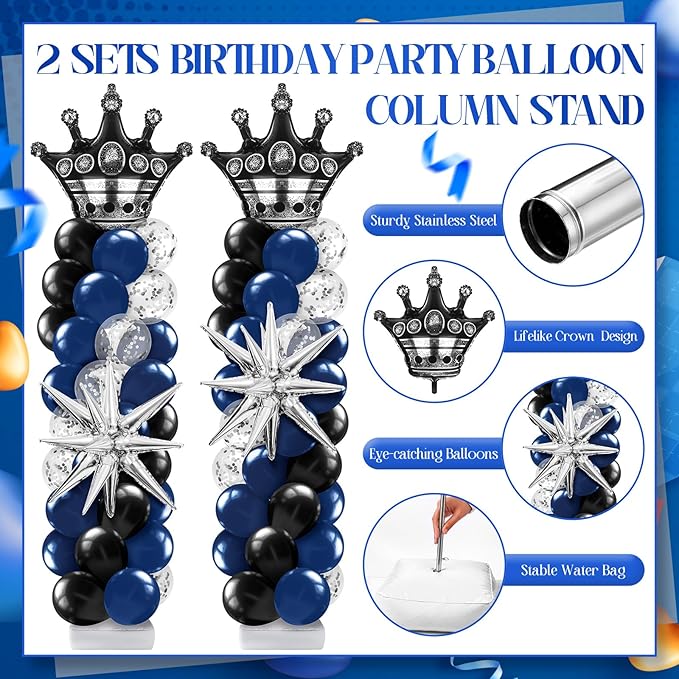 2 Sets Blue and Black Birthday Decorations Balloon Column Stand Kit with Crown, Navy Blue, Black and Silver Balloons Arch Kit for Prom Men Birthday Retirement Baby Shower Wedding Party