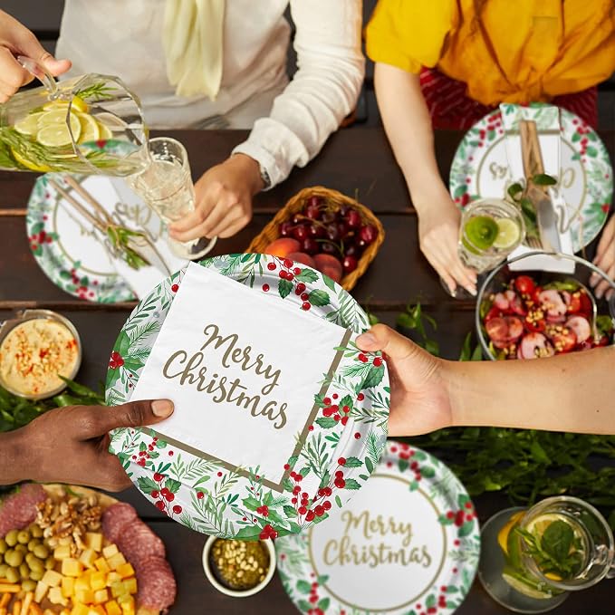 Christmas Party Supplies, Serve 50, Christmas Seasonal Holly Tableware Includes: Paper Dinner Plates, Dessert Plates, Luncheon Napkins and Beverage napkins, Great for Party Decorations (Pack of 2)