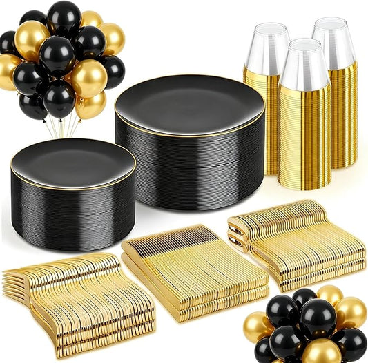 WDF 300PCS Black and Gold Plates - Black Plastic Plates for Party - 50 Guest Disposable Dinnerware Sets for Party/Wedding/Graduation/Memorial Day