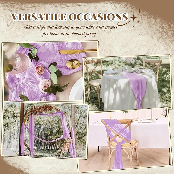 12 Pack Cheesecloth Table Runner,Light Purple Table Runner Long Romantic Semi Sheer Rustic Boho Gauze Table Runners for Wedding Bridal Shower Birthday Party Decorations(17.7×108 Inch)