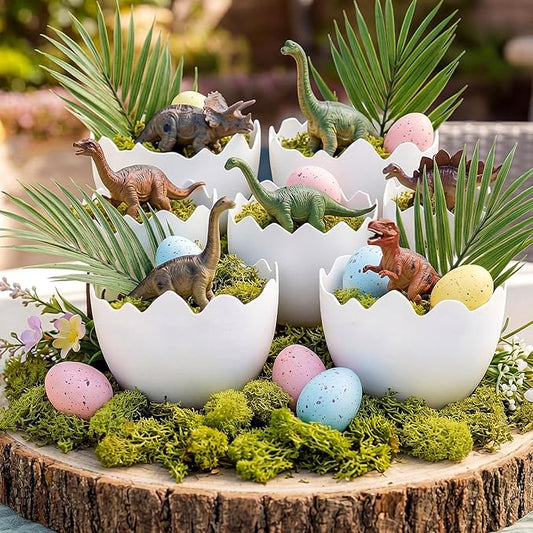 AceOrbit 8 Pcs Dinosaur Themed Party Decorations Easter Table Centerpiece Plastic Egg Shape Vases Treat Boxes Snack Trays for Adult Dinosaur Birthday Themed Party Supplies