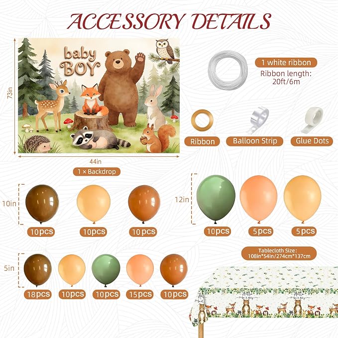 Woodland Baby Shower Decorations 140 PCS, Forest Animals Theme Party Supplies with 7x5ft Backdrop, Tablecloth, Balloon Arch Kit, Cake Toppers, Boxes, Mom to Be Sash, Baby Boy Shower Decorations
