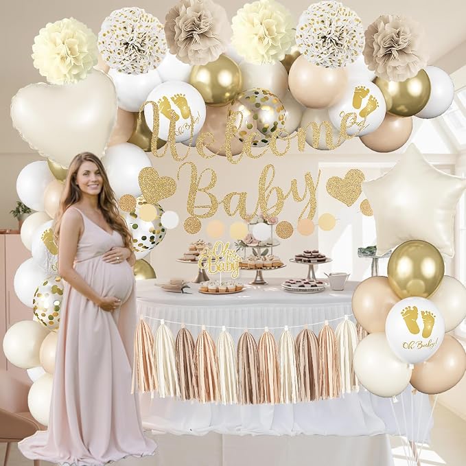 Neutral Gold Baby Shower Decorations for Boys Girls, Boho Welcome Baby Banner Gold Cream Beige Sand White Confetti Latex Balloons Oh-Baby Cake Topper Pom Poms for Baby-Shower Birthday Party Decoration