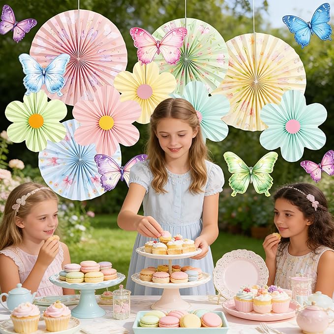 Butterfly Flower Paper Fan,Pastel Party Decoration for Garden,Spring Paper Fans Floral Decorations for Wall Hanging Flower Decor Fairy Birthday Decorations Garland Backdrop for Tea Party Baby Shower.