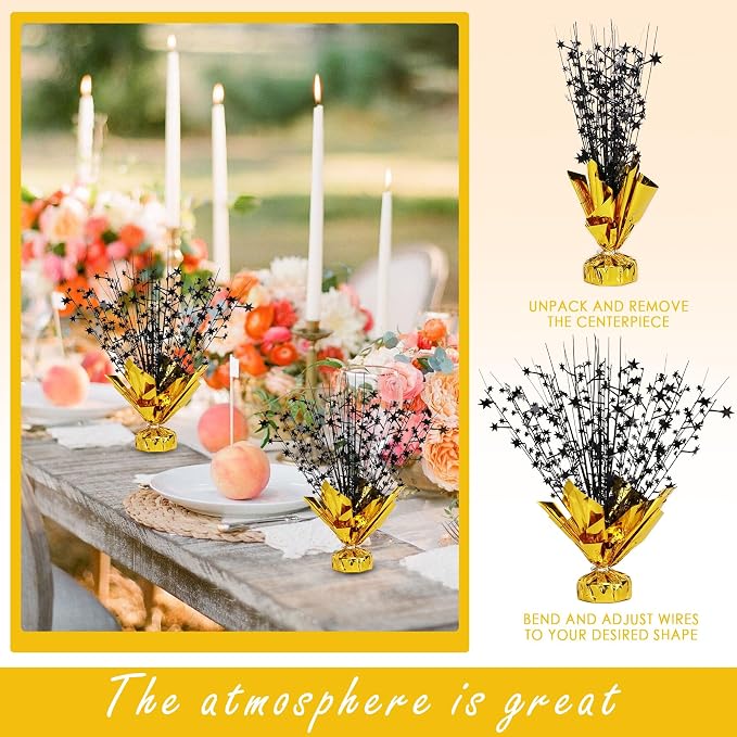 8 Pack Metallic Star Spray Centerpieces for Tables - Bulk 12.4" Foil Fountain Table Decorations for Large Events, Graduation 2026, Wedding Reception (Glod Black)