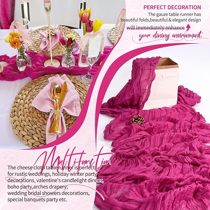 2 Pack Cheesecloth Table Runner 10FT Fuschia Table Runner Boho Gauze Cheese Cloth Table Runners Long Rustic Sheer Table Decorations for Wedding Party Baby Bridal Shower Birthday Holiday Spring