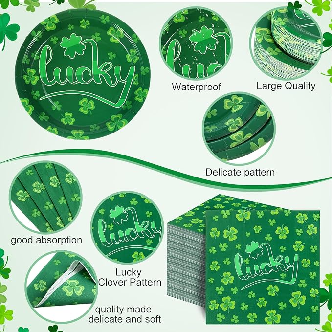 Pickmesh 400 Pcs St Patrick's Day Party Decorations, Shamrock Paper Plates Napkins Cups and Plastic Cutlery Set, Lucky Clover Green Disposable Tableware for Irish Party Supplies, Serve 50 Guests