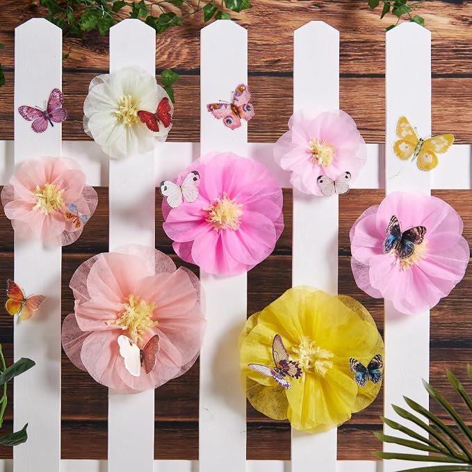Large Paper Flower Decorations with 3D Butterfly Stickers Pink Yellow Giant Tissue Paper Flowers Pastel Flowers Butterfly Party Decoration for Spring Garden Girls Women Birthday Wedding Party
