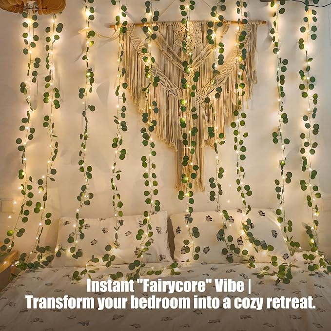Bexdir 200 LED Curtain Vine Lights for Bedroom Decoration, 6.6x6.6ft Pre-Assembled Hanging Fake Vines with Fairy Lights USB Powered, Aesthetic Artificial Eucalyptus Lights for Room Wall Decor